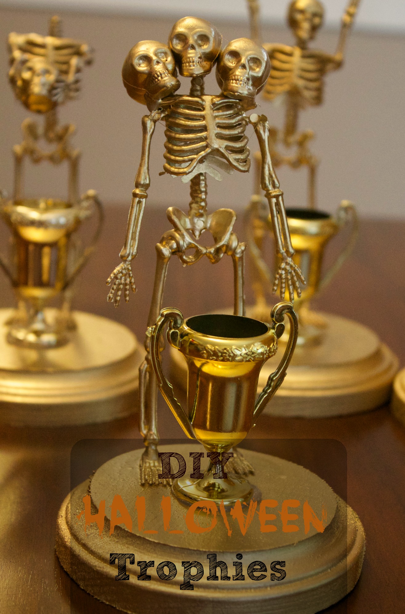7.25 Personalized Gold Halloween Skeleton Trophy On Deluxe Round Base Prime Crown Awards Halloween Trophies with Custom Engraving