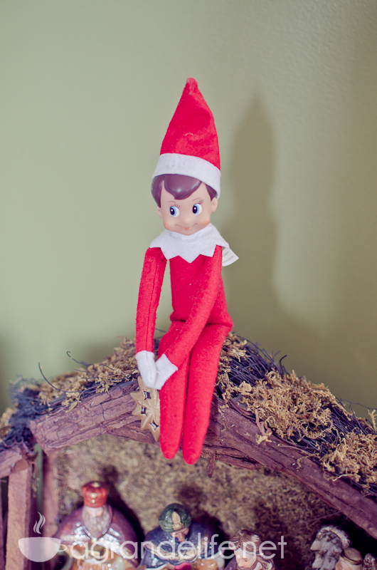 elf sitting on manger