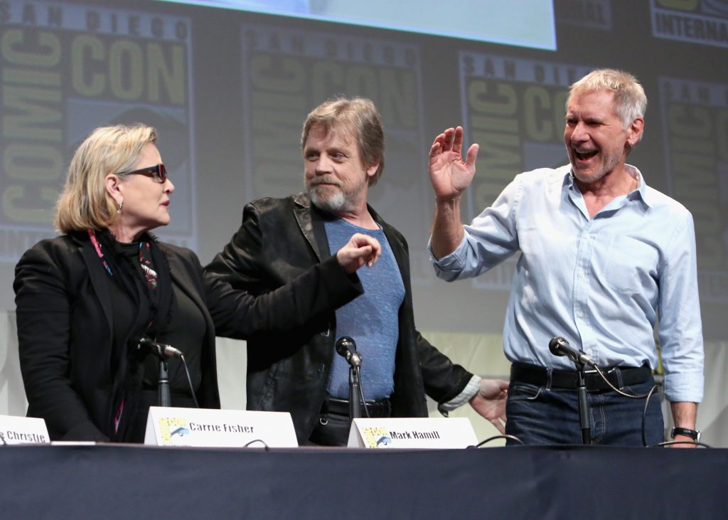 (Photo by Jesse Grant/Getty Images for Disney) *** Local Caption *** Carrie Fisher; Mark Hamill; Harrison Ford